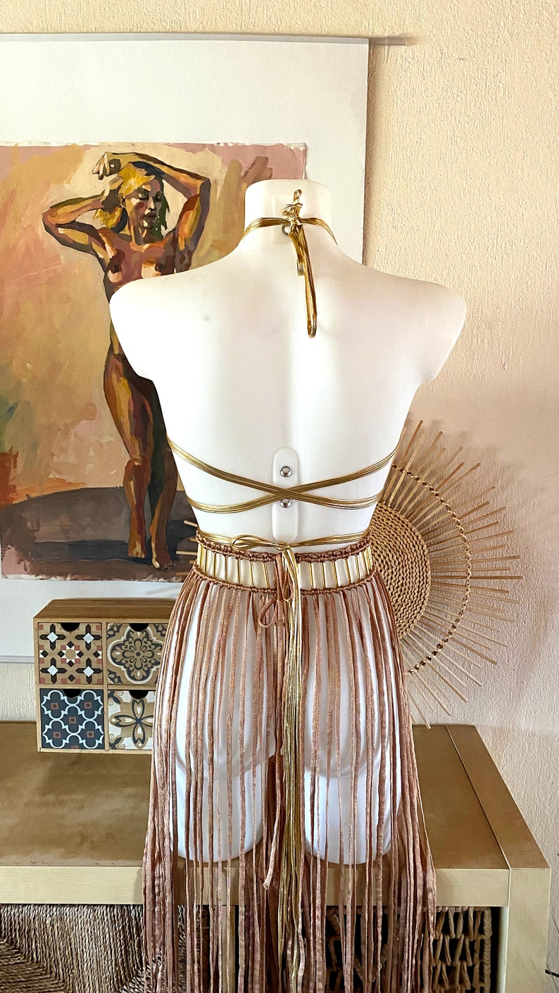 Greek Goddess macrame dress in terracotta and gold with macrame shoulders epaulets,Festival set,Burning man festival outfit, Cleopatra gown image 6