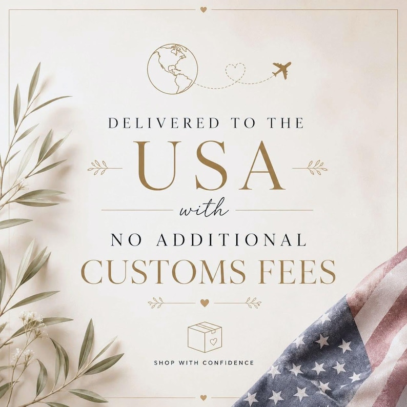 May include: A graphic featuring the text DELIVERED TO THE USA with NO ADDITIONAL CUSTOMS FEES and SHOP WITH CONFIDENCE. The design includes a globe, a small airplane, a heart, a box icon, and a corner of the American flag with stars and stripes.