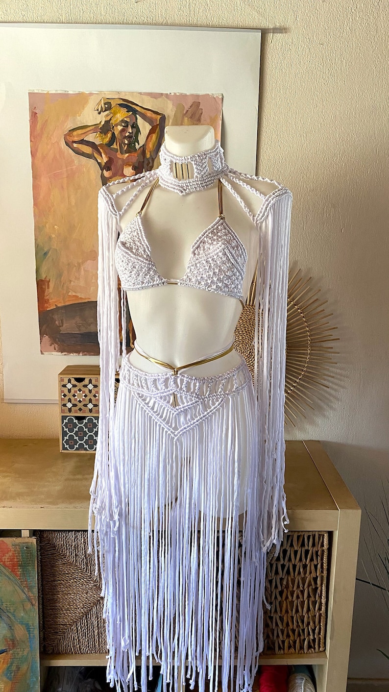 Βurning man Festival Outfit woman, Festival clothing women, Festival set of macrame bra, macrame skirt and macrame shoulders, Macrame dress image 1