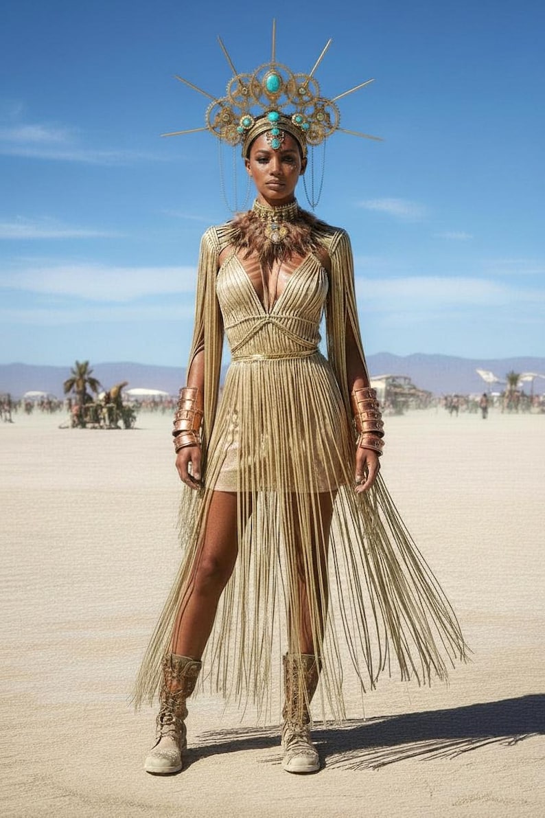 May include: A gold fringe dress with a deep V-neckline and long cape sleeves. The outfit includes a metallic headpiece with turquoise stones and radiating spikes, a feathered collar, copper-toned arm cuffs, and lace-up boots in a neutral tan color.