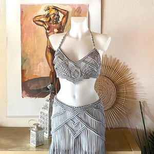 Silver Festival outfit woman macrame top and macrame skirt, Burning man outfit, Festival clouting, Rave outfit women set, Festival set