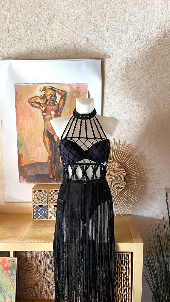Little Black dress, Black Macrame dress, Party wear, Halter mesh dress, Cocktail dress,Stage dress, Lace fringe dress, Romantic goth dress Little Black dress, Black Macrame dress, Party wear, Halter mesh dress, Cocktail dress,Stage dress, Lace fringe dress, Romantic goth dress