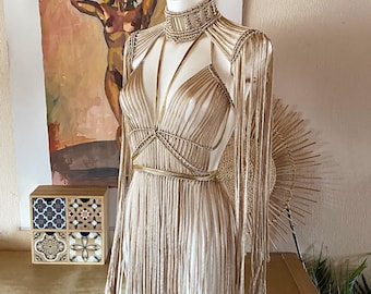 Burning man costume, Golden Rave outfit, Gold Goddess dress, Sparkly shiny festival clothing, Bohemian macrame dress, Cleopatra gown