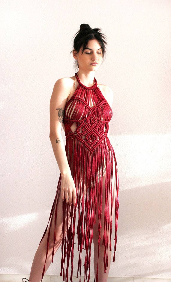 Red Sequin Macrame Festival Dress, Party gown