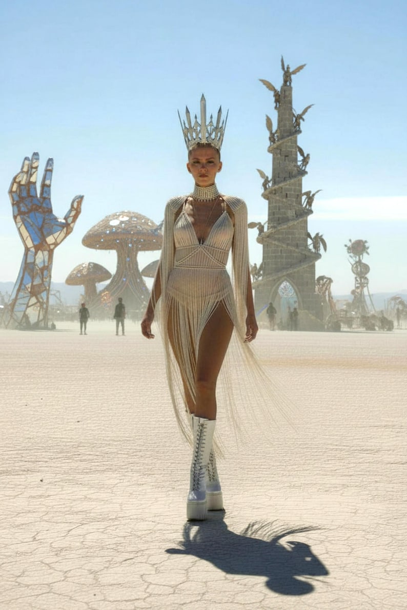 Burning man costume, Golden Rave outfit, Gold Goddess dress, Sparkly shiny festival clothing, Bohemian macrame dress, Cleopatra gown image 4