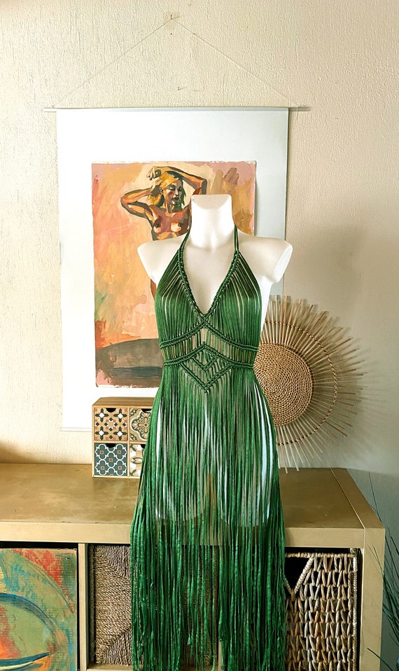 Green Macrame Dress, Gold Bead Embellished, Festival Rave Outfit