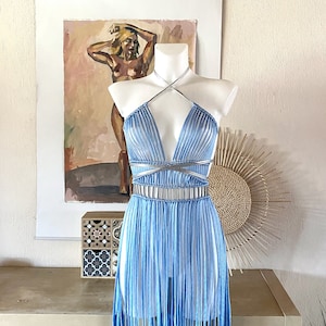Goddes dress, Festival Outfit woman, Rave outfit woman, Festival set blue, Rave wear party dress, Festival macrame dress, Burning man 2023