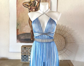 Robe Goddes, Festival Outfit femme, Rave outfit woman, Festival set blue, Rave wear party dress, Festival macramé dress, Burning man 2023