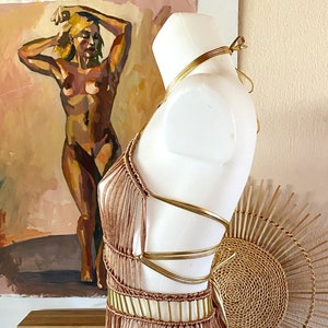 Greek Goddess macrame dress in terracotta and gold with macrame shoulders epaulets,Festival set,Burning man festival outfit, Cleopatra gown image 7