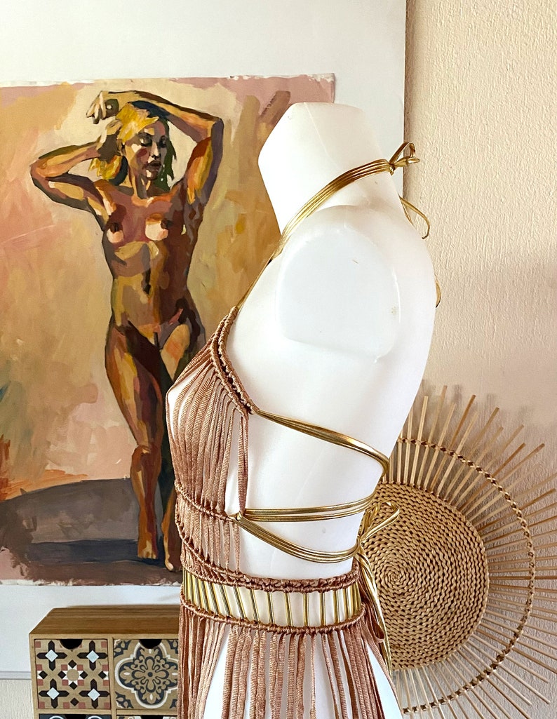 Greek Goddess macrame dress in terracotta and gold with macrame shoulders epaulets,Festival set,Burning man festival outfit, Cleopatra gown image 7