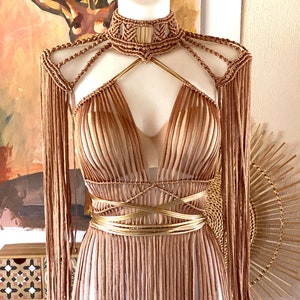 Goddess dress in terracotta and gold, Festival set of macrame dress and macrame shoulders, Christmas party dress, Cleopatra dress, Greek goddess dress