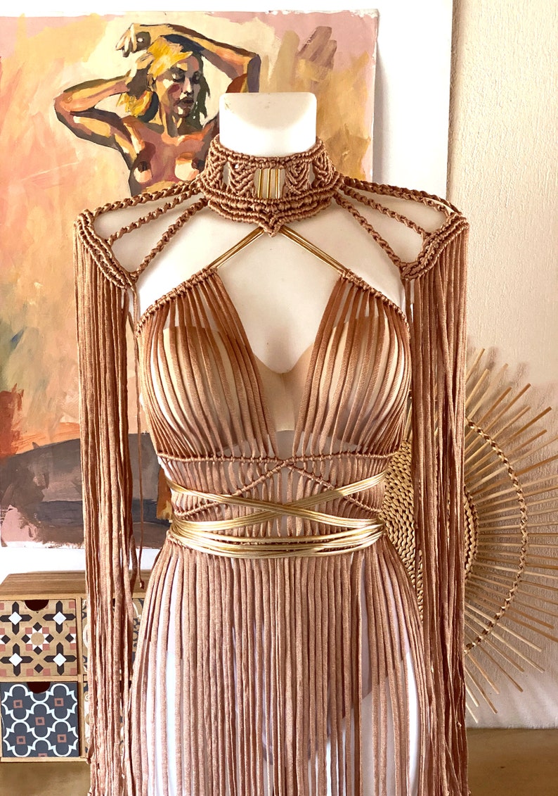 Goddess dress in terracotta and gold, Festival set of macrame dress and macrame shoulders, Christmas party dress, Cleopatra dress, Greek goddess dress