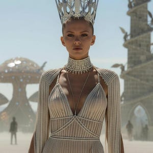 May include: A silver crown with tall, pointed spikes and intricate cutouts, paired with a cream-colored, floor-length fringe dress featuring a deep V-neckline, long fringe sleeves, and a high-neck beaded choker necklace with a long pendant chain.