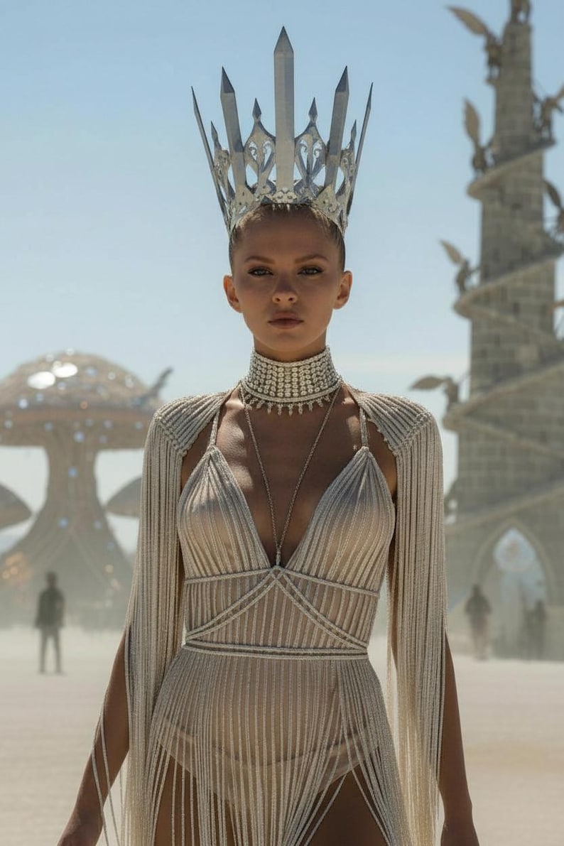 May include: A silver crown with tall, pointed spikes and intricate cutouts, paired with a cream-colored, floor-length fringe dress featuring a deep V-neckline, long fringe sleeves, and a high-neck beaded choker necklace with a long pendant chain.