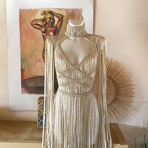 Greek Goddess dress and macrame shoulders in gold, Party dress woman, Sequin dress, Sparkly shiny dress, Festival macrame dress