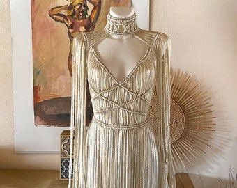 Greek Goddess dress and macrame shoulders in gold, Party dress woman, Sequin dress, Sparkly shiny dress, Festival macrame dress