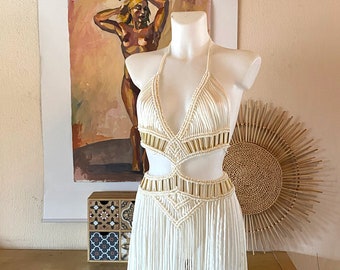 White Macrame Goddess Dress, Burning Man Festival Outfit
