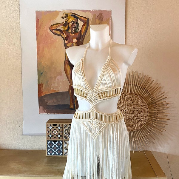 White Macrame Goddess Dress, Burning Man Festival Outfit