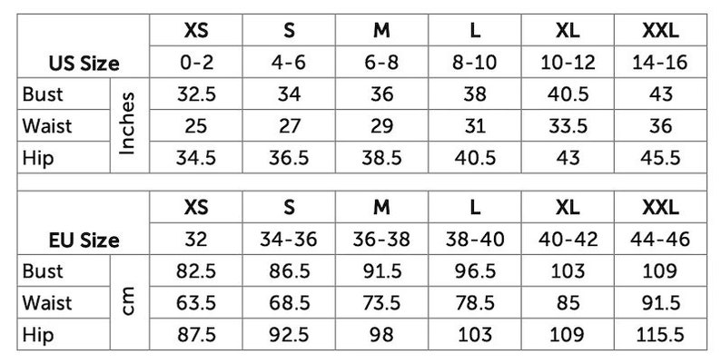 May include: A black and white size chart table displaying US and EU sizing conversions for clothing. The table lists measurements for bust, waist, and hip in inches and centimeters for sizes ranging from XS to XXL, providing a clear reference guide.