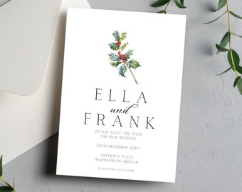 Christmas save the date, Holly save the date, wedding invitation, wedding save the date, save the dates with envelopes, seasonal wedding