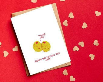 olive you valentines day card, pun card, personalised card, lipstick kiss, happy valentines, valentines card, love, greeting card