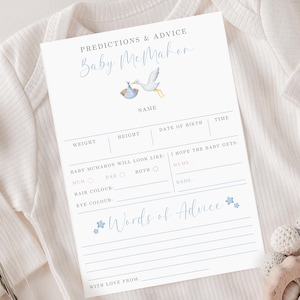 Blue Stork-voorspellingskaarten babyshower, voorspellingskaarten babyjongen, minimale babyvoorspellingskaarten, babyshower, babyshowerspellen
