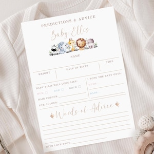 Voorspelkaarten babyshower Safaridieren, uniseks voorspellingskaarten, minimale babyvoorspellingskaarten, babyshower, babyshowerspellen