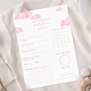 Roze wolken voorspellingskaarten babyshower, voorspellingskaarten babymeisjes, voorspellingskaarten minimale baby, babyshower, babyshowerspellen