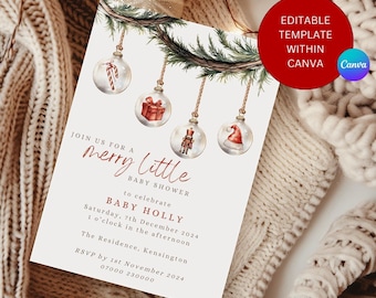May include: A white Christmas-themed baby shower invitation with a red and white candy cane, a red gift box, a nutcracker, and a Santa hat hanging from a green garland. The text reads "Join us for a merry little baby shower to celebrate Baby Holly Saturday, 7th December 2024 1 o'clock in the afternoon. The Residence, Kensington RSVP by 1st November 2024 07000 230000".