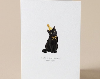 Tarjeta de cumpleaños de gato negro, para cualquier edad, para cualquier parentesco, con múltiples opciones de color.