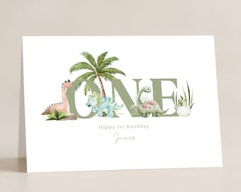 Tarjeta personalizada de primer cumpleaños con temática de dinosaurios. Personaliza cualquier texto. Primer cumpleaños: hijo, sobrino, hermano.