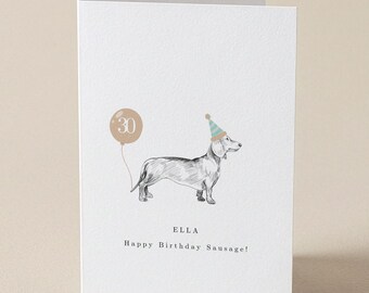 Sausage dog birthday card, birthday card, personalised birthday, Any age