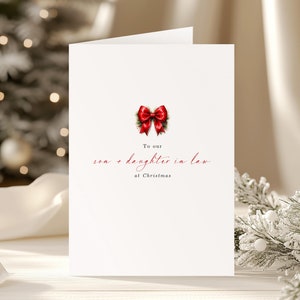 Son and Daughter in law Christmas Card, Red Christmas Bow, Christmas Teddy, Traditional Christmas, Family Christmas cards