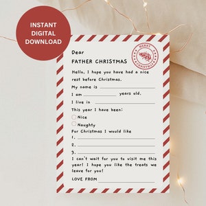 Carta a Papá Noel, carta a Papá Noel, lista de deseos navideños, descarga digital, plantilla imprimible, carta infantil a Papá Noel