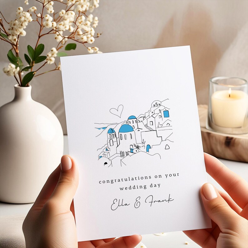 Santorini wedding day card, Greek wedding, wedding card, personalised wedding day, congratulations wedding, greeting card, wedding image 3