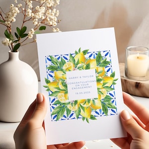 Tarjeta de compromiso con azulejos portugueses, tarjeta de compromiso con limón, tarjeta de compromiso personalizada, tarjeta de felicitación de compromiso.