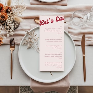 Menú de boda retro impreso, menú de estilo divertido, papelería de mesa de boda, tarjetas de menú, decoración de mesa de boda, papelería del día