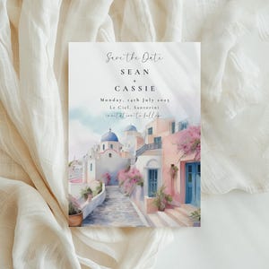 Guardar la fecha en Santorini, boda griega, boda de destino, guardar la fecha, invitación de boda, invitación de compromiso, guardar la fecha de boda