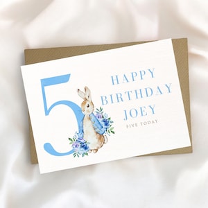 Carte de 5 ans, carte de lapin, anniversaire de garçon, carte d'anniversaire personnalisée, carte d'anniversaire d'enfant, carte de voeux, carte personnalisée