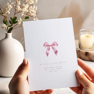 New baby girl card with Bow, Minimal baby card, Personalised new baby, congratulations on your new baby