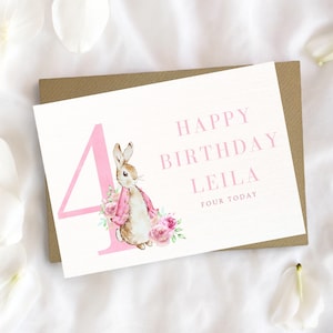 Biglietto per il 4° compleanno, biglietto coniglio, biglietto d'auguri personalizzato, biglietto d'auguri per bambini, biglietto d'auguri, biglietto personalizzato