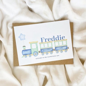 new baby boy train card, baby boy card, welcome to the world, congratulations new baby, personalised baby card, greeting card, baby boy image 1