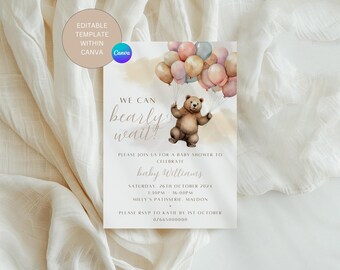 Podemos esperar, plantilla de invitación editable para baby shower, baby shower con osito de peluche, baby shower con globos, plantilla de Canva