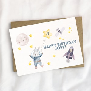 cartão de aniversário espacial, cartão de coelho espacial, cartão de aniversário personalizado, cartão de aniversário infantil, cartão de felicitações, cartão personalizado