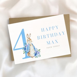 Biglietto per il 4° compleanno, biglietto per coniglio, festeggiato, biglietto di compleanno personalizzato, biglietto di compleanno per bambini, biglietto di auguri, biglietto personalizzato