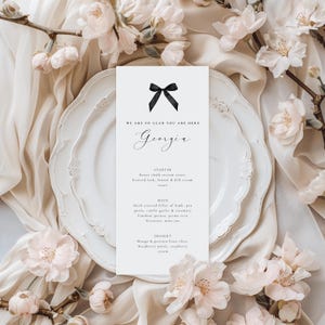 Printed wedding menu with name and bow, modern style menu, Wedding table stationery, Menu place Cards, Table Setting Wedding