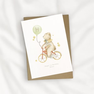 Tarjeta de cumpleaños con osito de peluche, para cualquier edad, tarjeta de osito de peluche personalizada en bicicleta, tarjeta de cumpleaños personalizada, tarjeta de cumpleaños infantil, tarjeta personalizada
