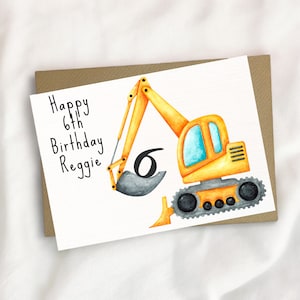 Cualquier tarjeta de cumpleaños de los niños excavadores de edad, tarjeta de excavación de edades, tarjeta de cumpleaños del camión de construcción, cumpleaños de los niños, tarjeta de cumpleaños personalizada
