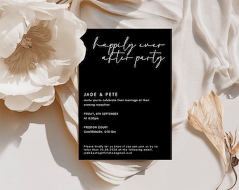 Könnte beinhalten: Schwarz-weiße Hochzeitseinladung für eine After-Party mit dem Text "happily ever after party" in Kursivschrift. Die Einladung enthält die Namen Jade & Pete, das Datum und die Uhrzeit der Veranstaltung sowie den Ort. Der Text "Please kindly let us know if you can join us by no later than 25.08.2024 at the following email. jade&petegethitchedegmail.com" ist ebenfalls enthalten.