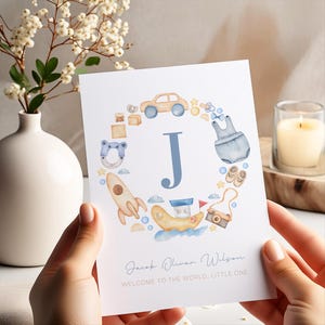 nouvelle carte de bébé garçon, carte de bébé personnalisée initiale, bienvenue dans le monde, félicitations nouveau bébé, carte de bébé personnalisée, carte de voeux